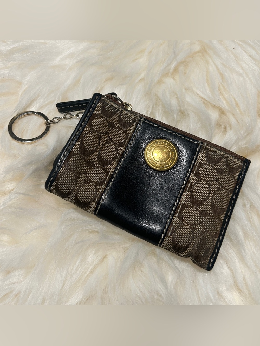 Coach Brown and Black Signature Card Case Keychain